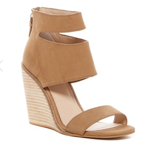 Tan Genuine Leather Cutout Ankle Cuff Wedges - Picture 2 of 4